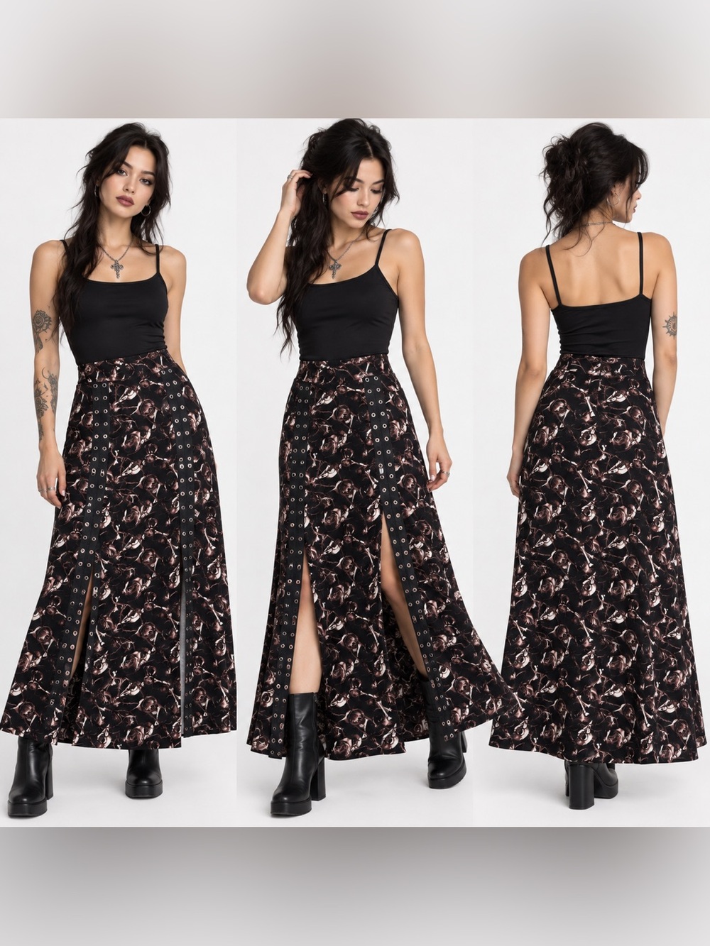 Cosmic Aura XL Goth Skull Rose Grommet Maxi Skirt Dark Romantic Grunge